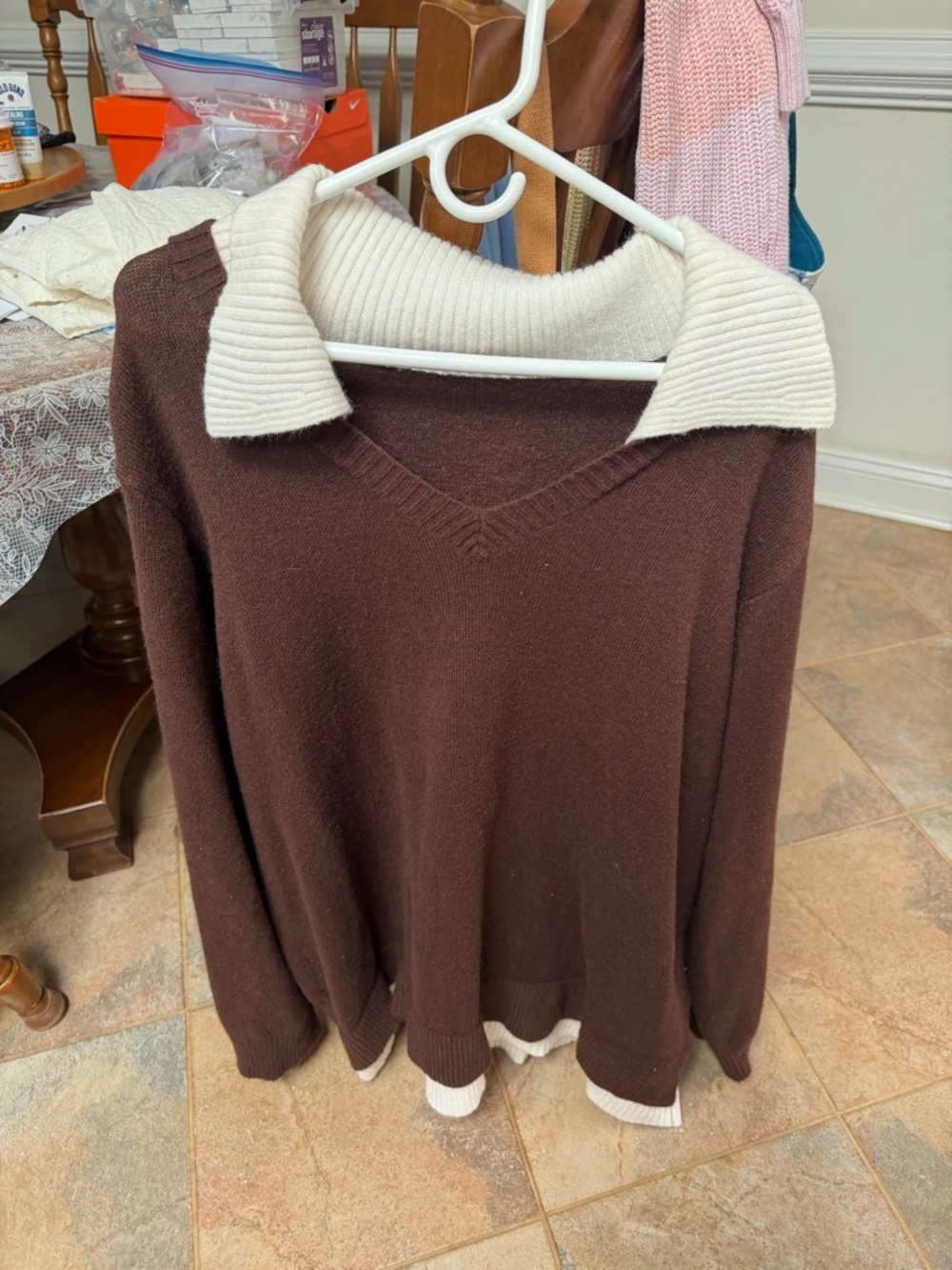 Brown Sweater with Contrast Cream Collar
